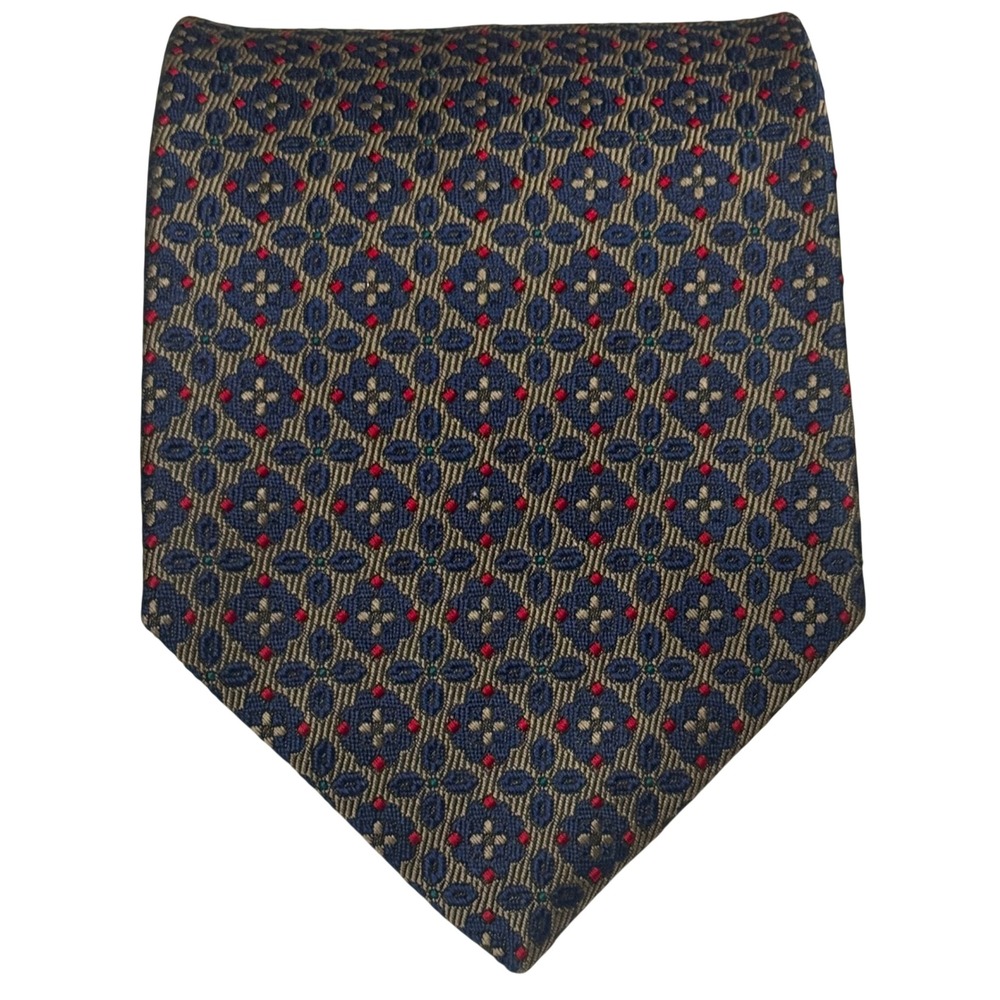 XMI Silk Tie Mens OS Navy Blue Gold Red Geometric Medallion Hand Made Formal